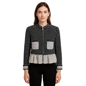 Soiree Black White Houndstooth Peplum Zip Up Jacket Women's Size Medium